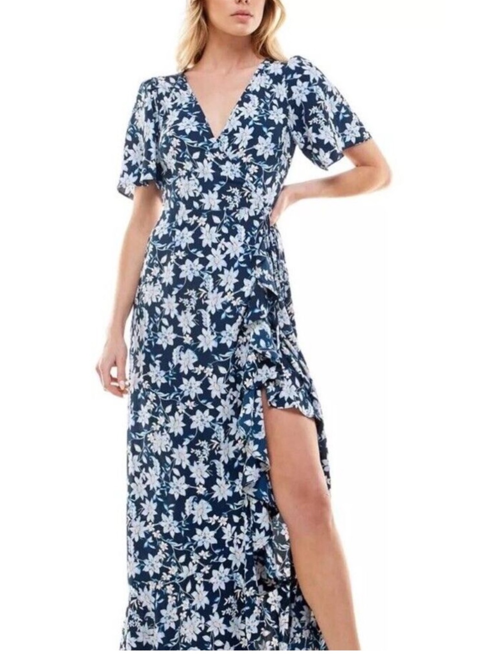 Socialite Navy and White Floral Wrap Dress